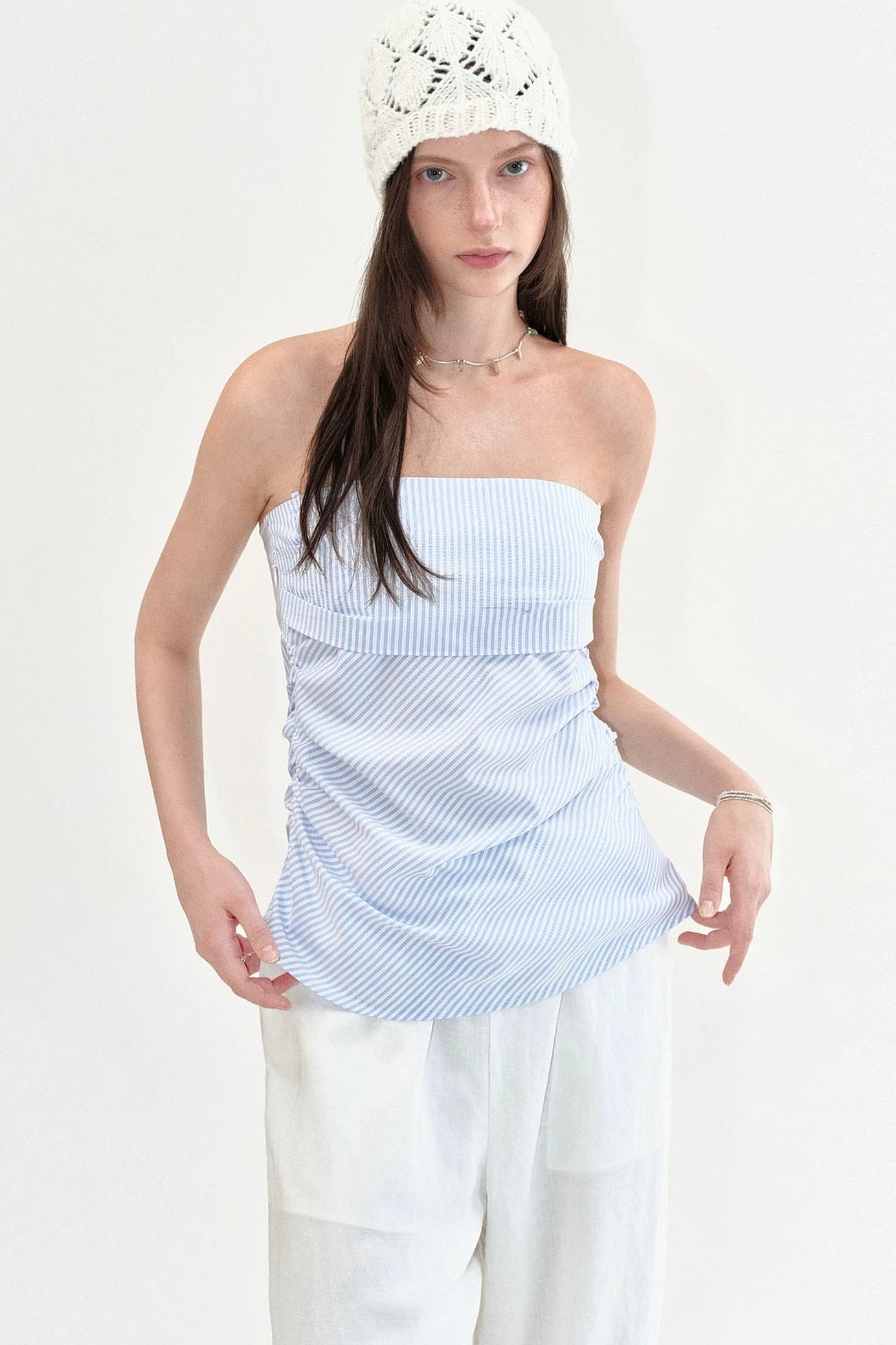 Camisola sin tirantes fruncida de rayas Fano