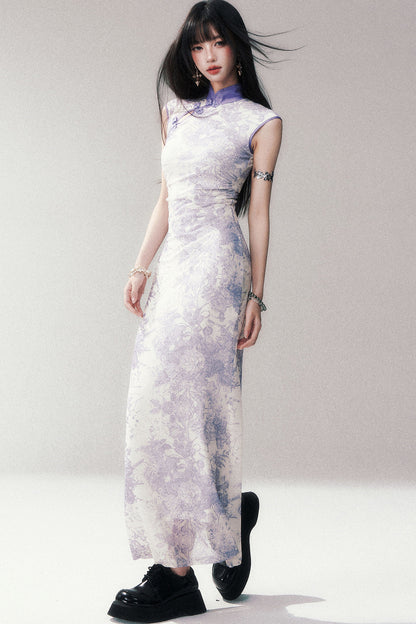 Stretch Mesh Printed Cheongsam Dress