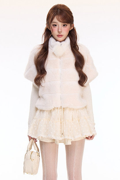 Rabbit Fur Jacket and Polka Dot Lace Skirt Set-Up