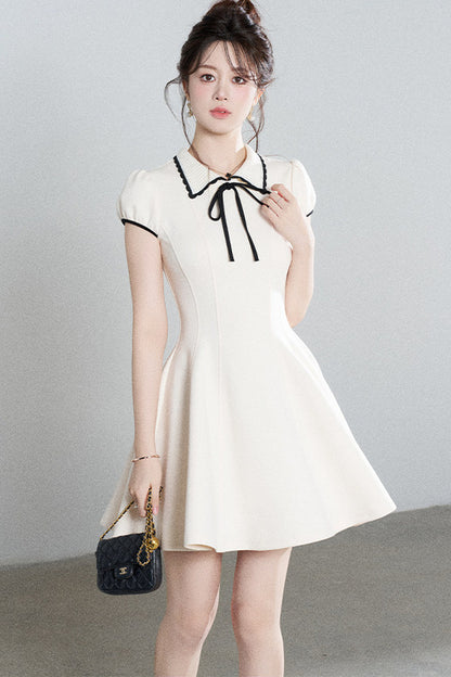 French Style Puff Sleeve Cinched Waist Dress