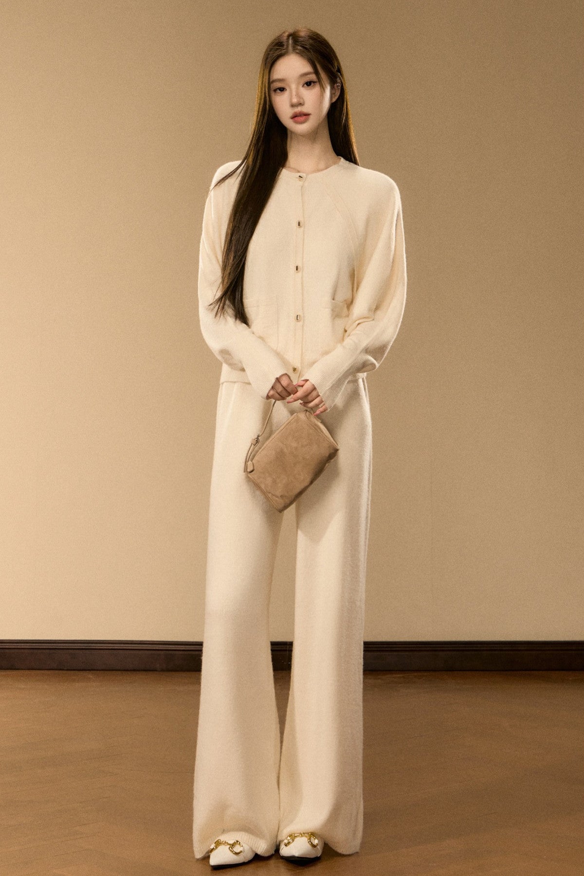 Wool and Cashmere Blend Cardigan and Pants Set-Up