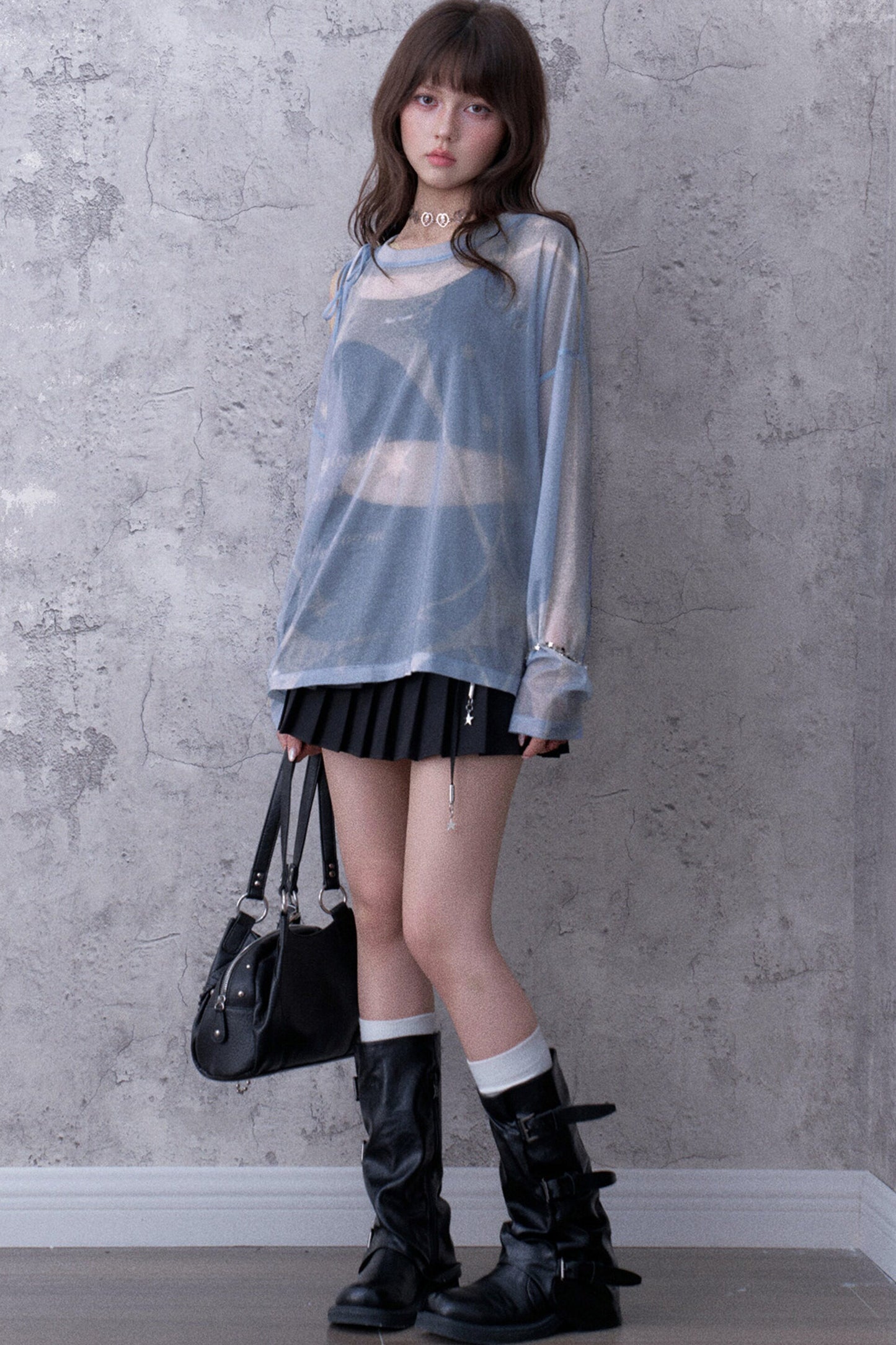 Blue Sparkling Mesh Sweatshirt Style Top