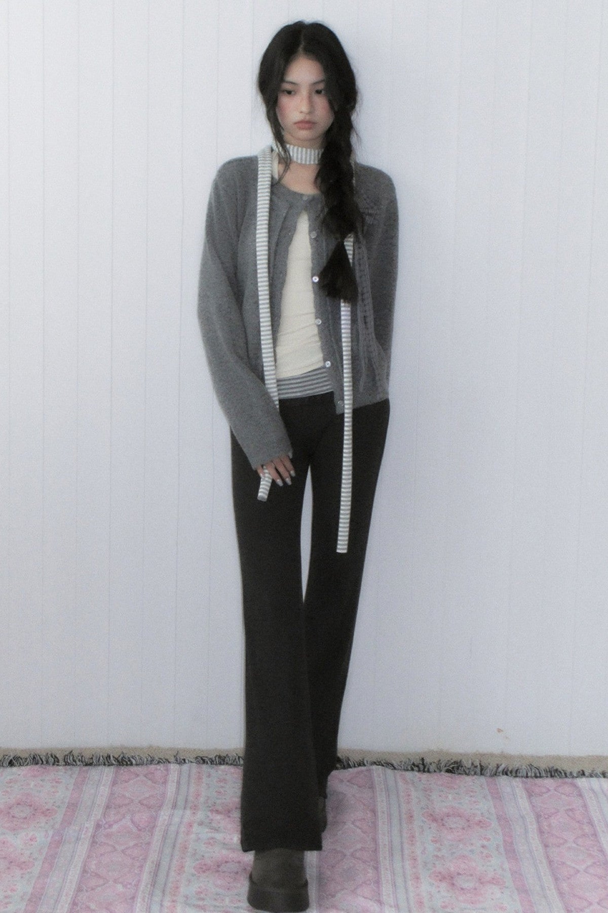 Gray Plaid Bow Knit Sweater and Pants Set-Up