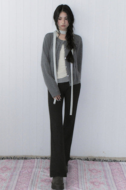 Gray Plaid Bow Knit Sweater and Pants Set-Up