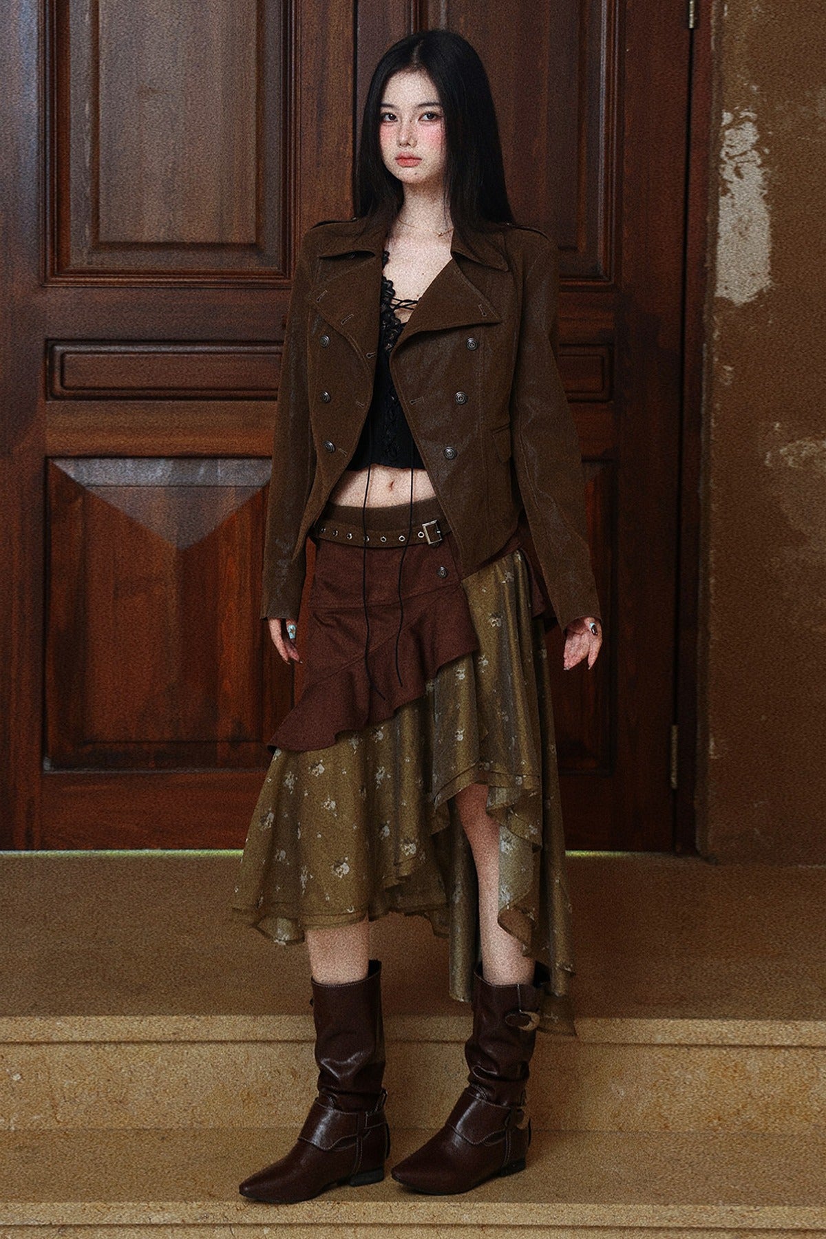 Suede Floral Patchwork Skirt