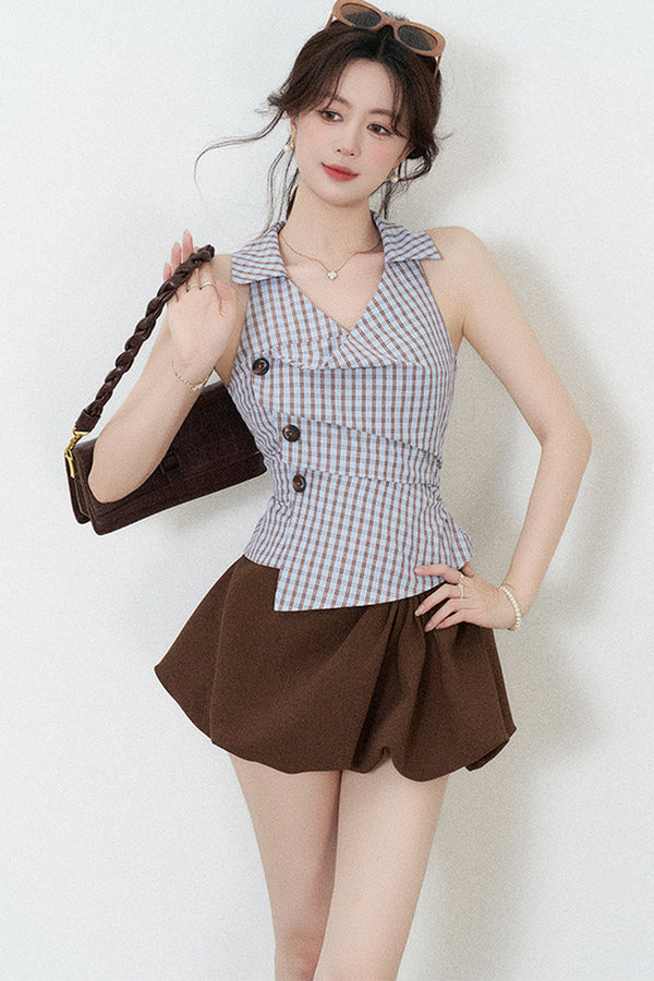 Blue Plaid Sleeveless Halter Shirt and Irregular Hem Skirt Set-Up