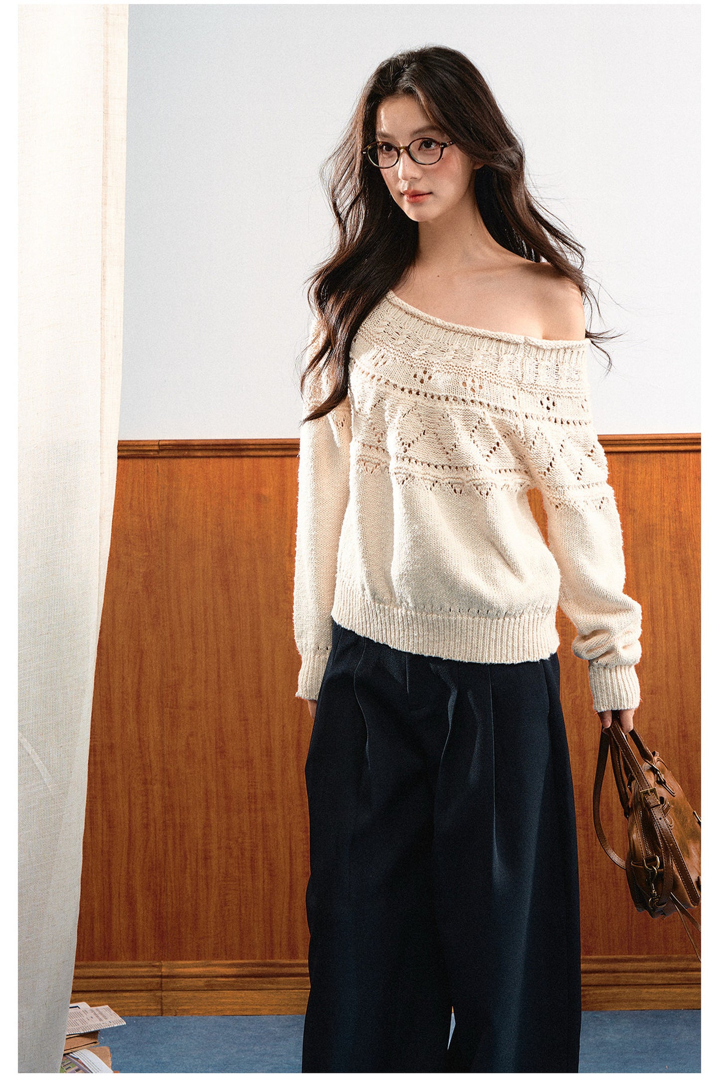 Off-Shoulder Diamond Knit Top