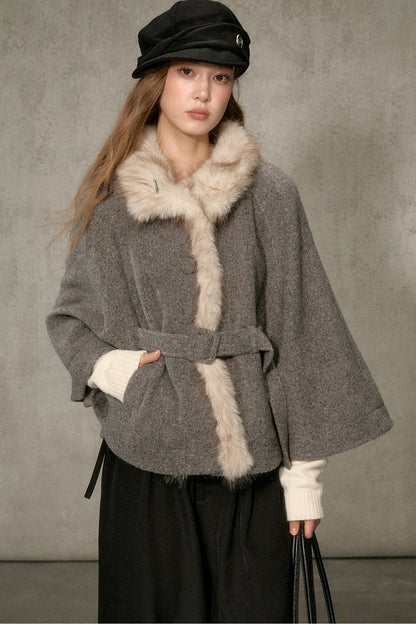 Floral Fur Collar Woolen Cape