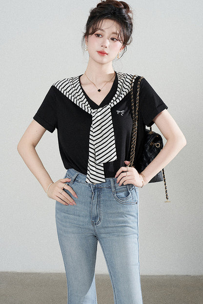 Loose Short-Sleeved Striped Shawl T-Shirt and Denim Skirt Set-Up