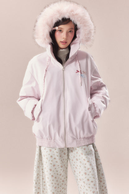 Embroidered Bow Fur Hood Down Jacket