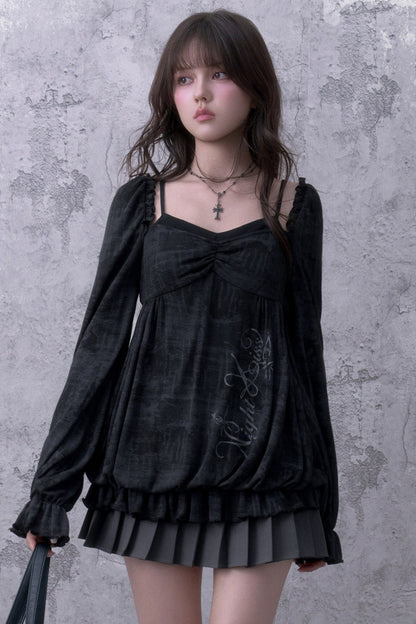 Schwarze Bluse in Lagenoptik mit Blumenmuster