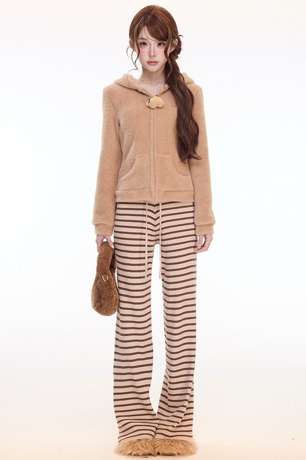 Teddy Bear Hooded Jacket and Striped Knit Pants Set-Up