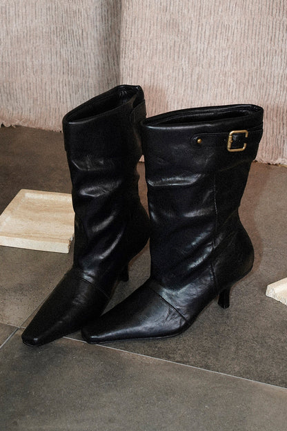 Square-Toe Leather Stiletto Boots
