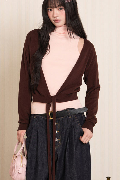 Layered High-Neck Vest and Tie-Up Cardigan Set-Up