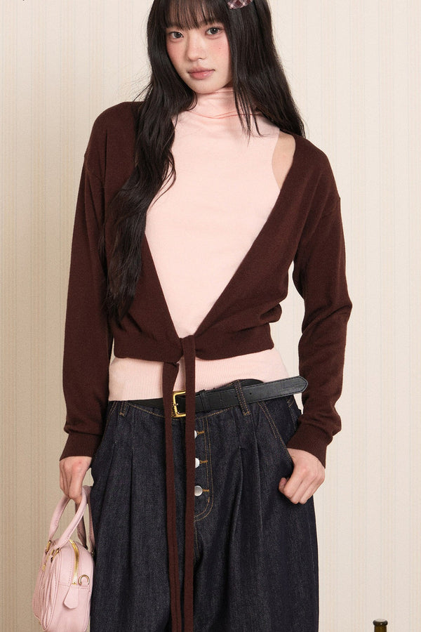 Layered High-Neck Vest and Tie-Up Cardigan Set-Up