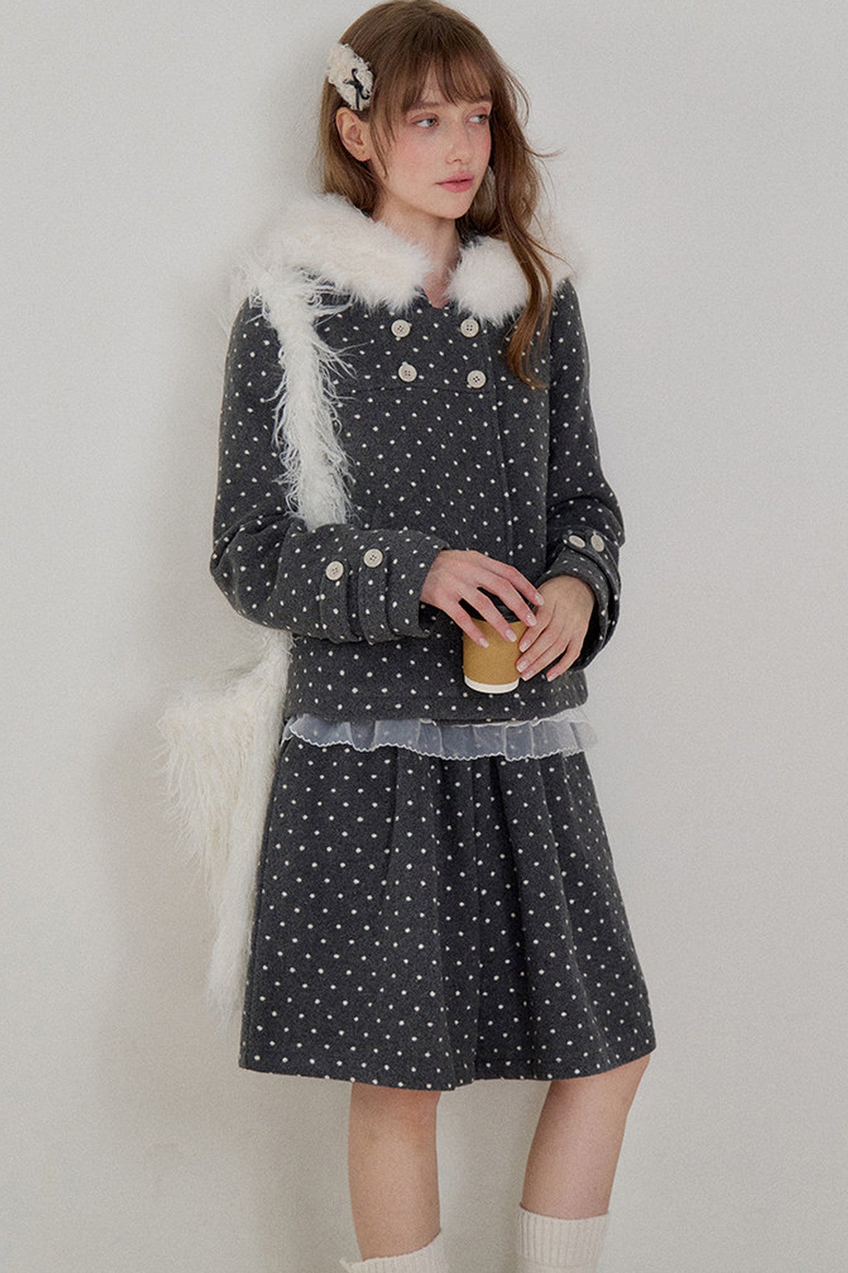 Lace Trim Fur Collar Hooded Coat