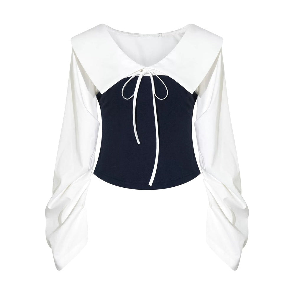 Navy Bow Patchwork Blouse