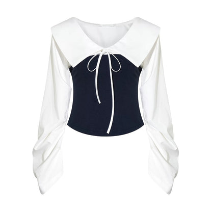 Navy Bow Patchwork Blouse