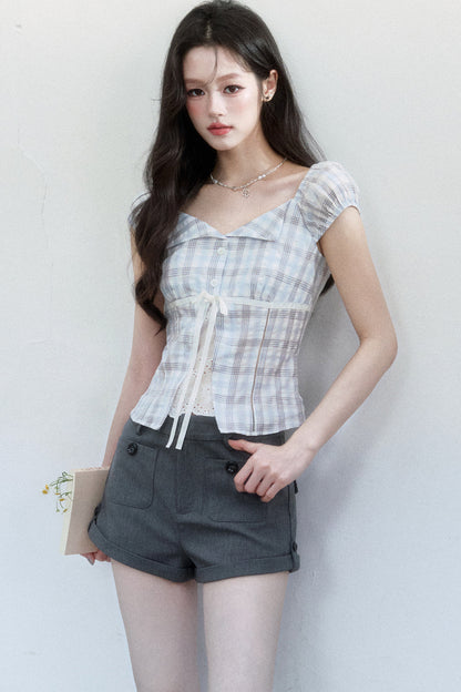 Summer Blue Plaid Patchwork Blouse