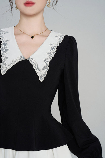 Peplum Waist Lace Collar Shirt