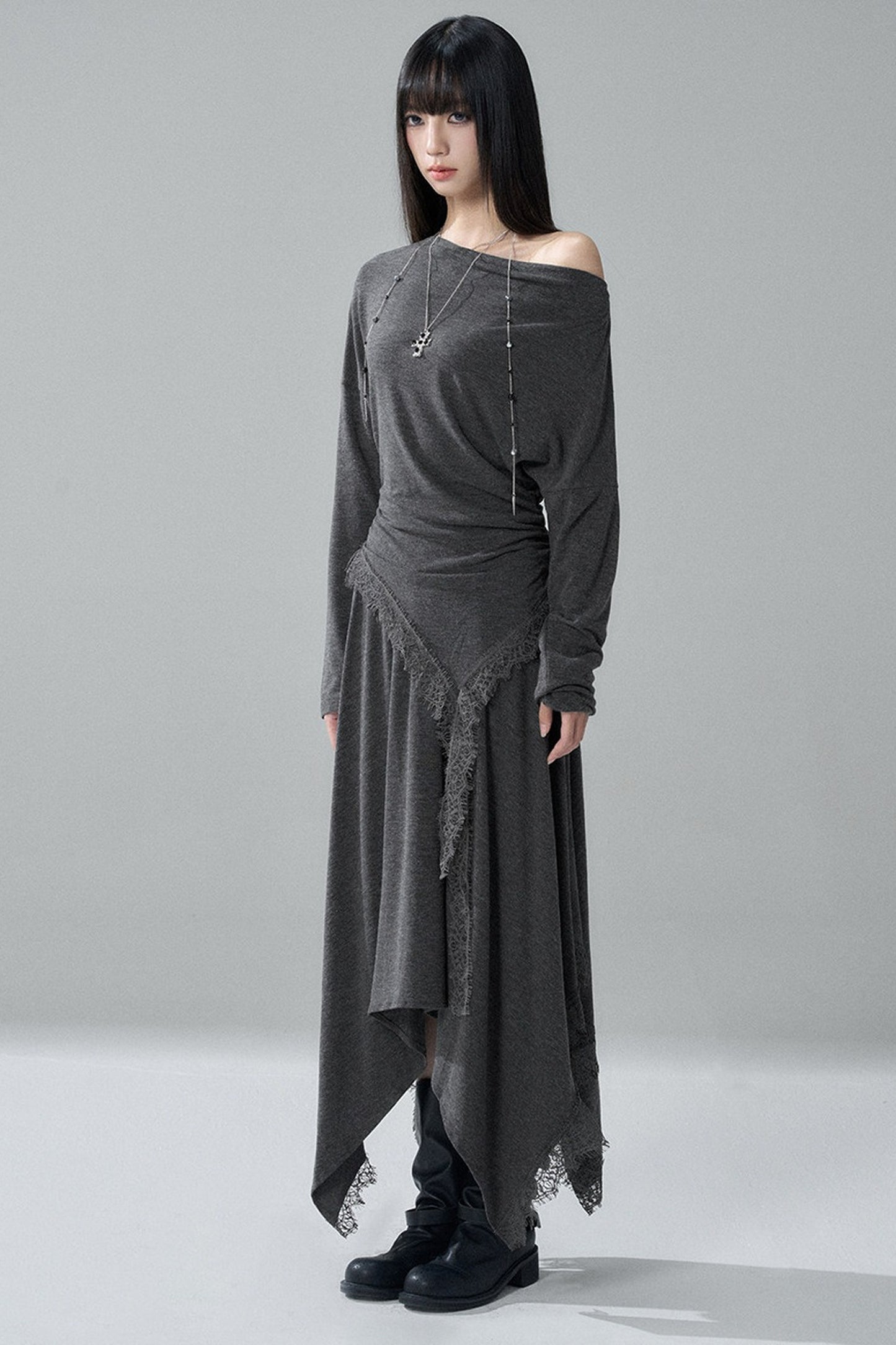 Gray Off-Shoulder Top and Irregular Hem Skirt Set-Up