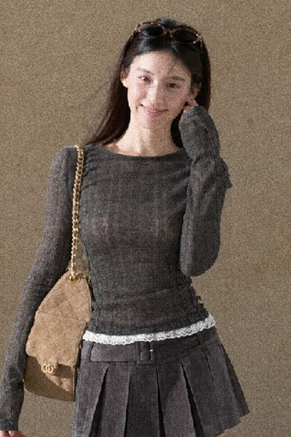 Wool Jacquard Lace Trim Color-Block Knit Top