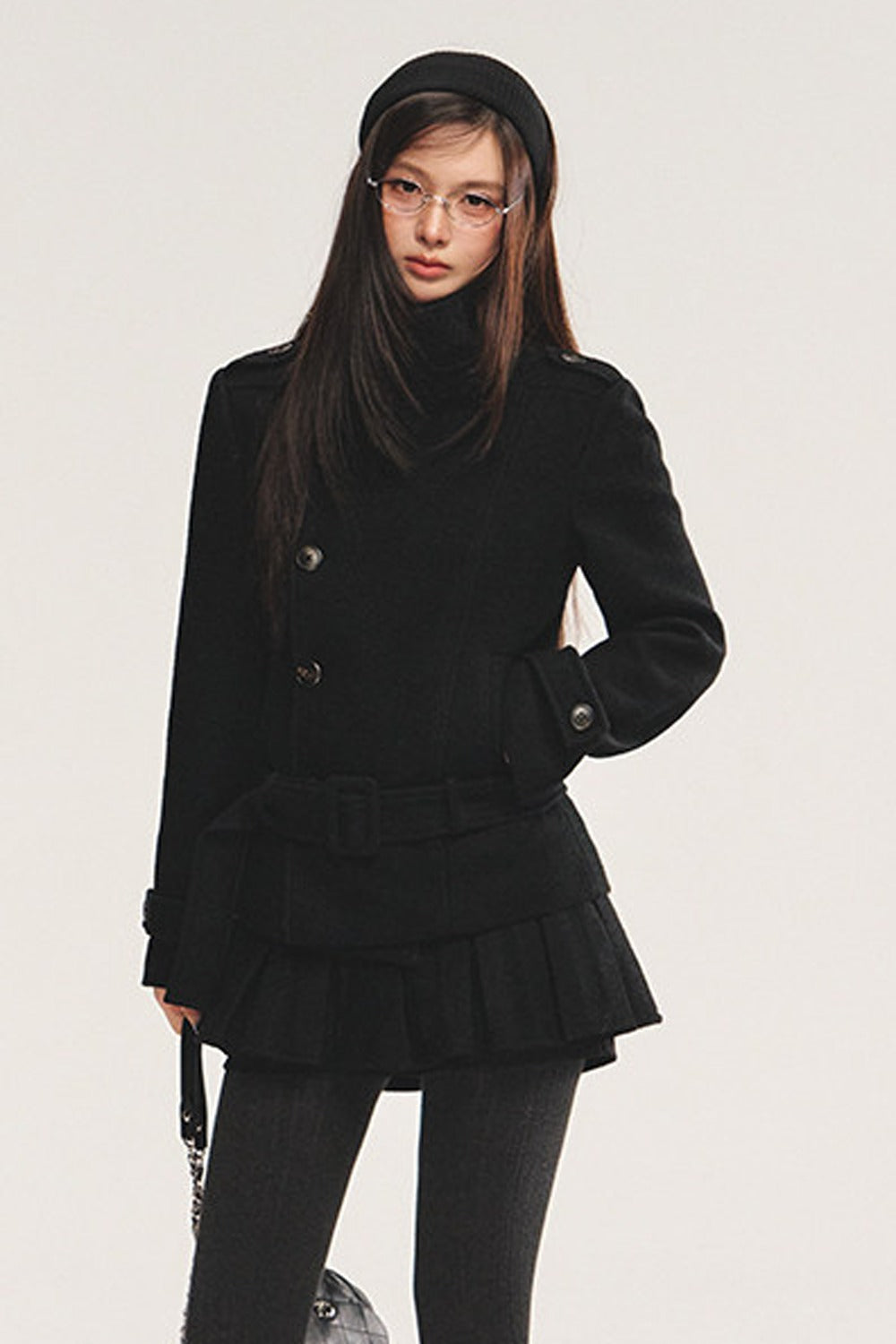 Detachable Belt Woolen Coat and Pleated Skirt Set-Up