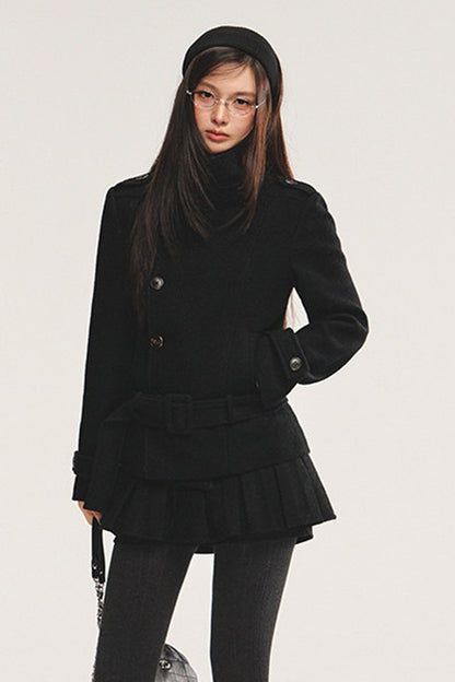 Detachable Belt Woolen Coat and Pleated Skirt Set-Up