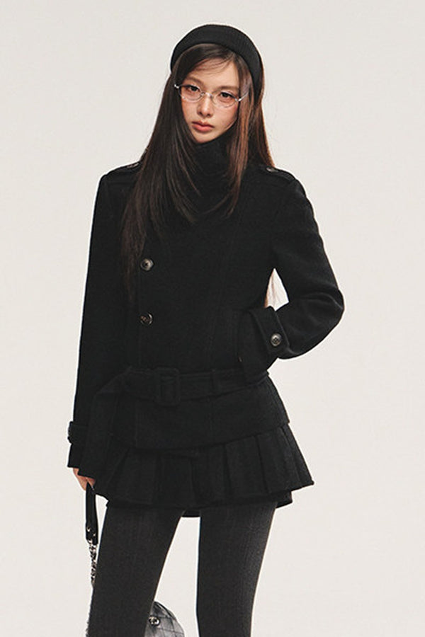 Detachable Belt Woolen Coat and Pleated Skirt Set-Up