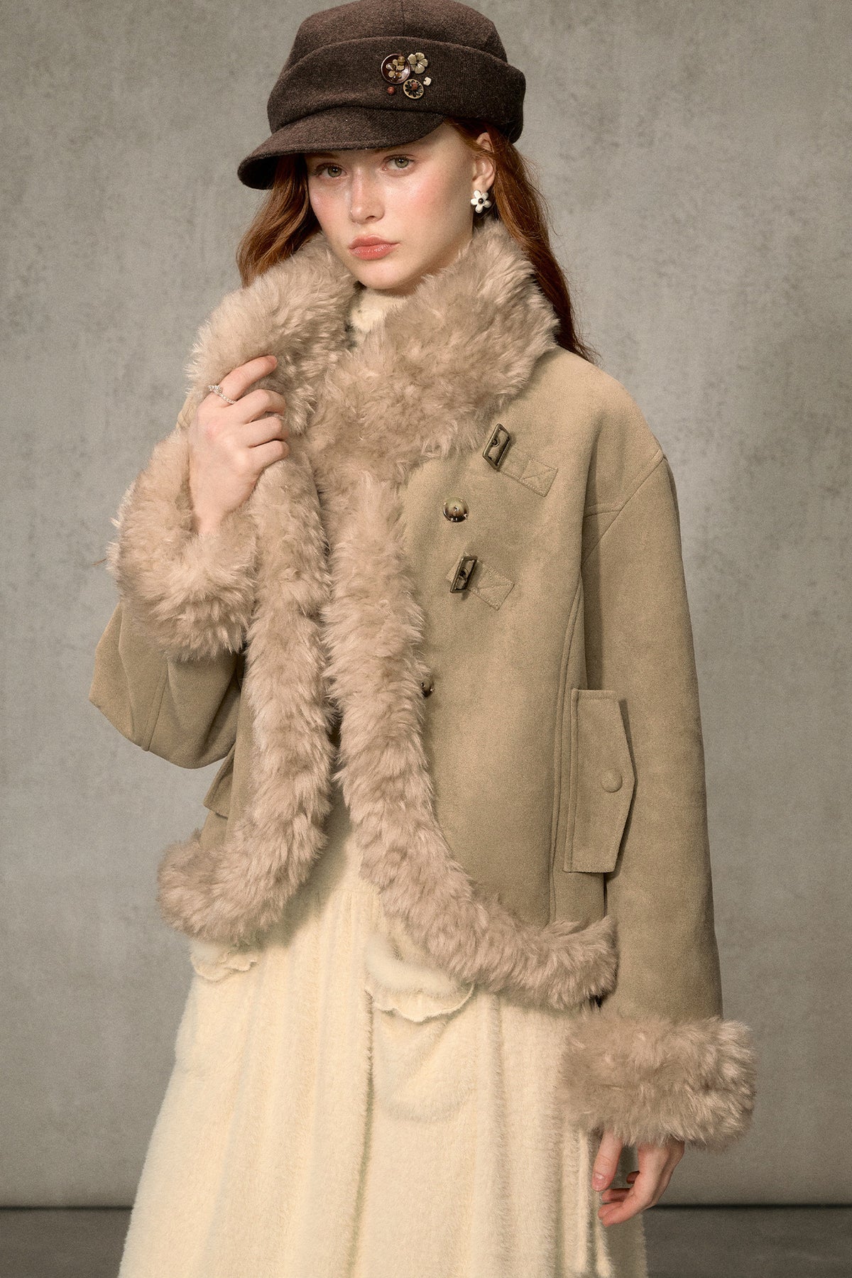 Oatmeal Chocolate Fur Trim Asymmetrical Jacket