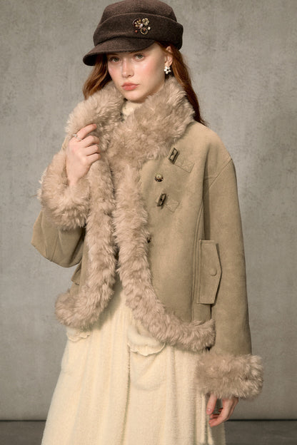 Oatmeal Chocolate Fur Trim Asymmetrical Jacket