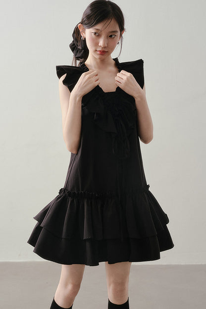 Ruffle V-Neck Tie Sleeveless Black Dress