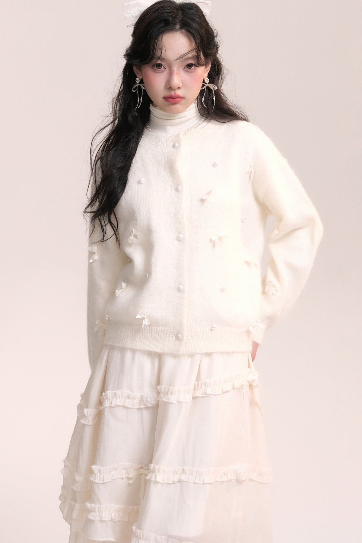 Ballet Bow Knit Cardigan With Skirt Set