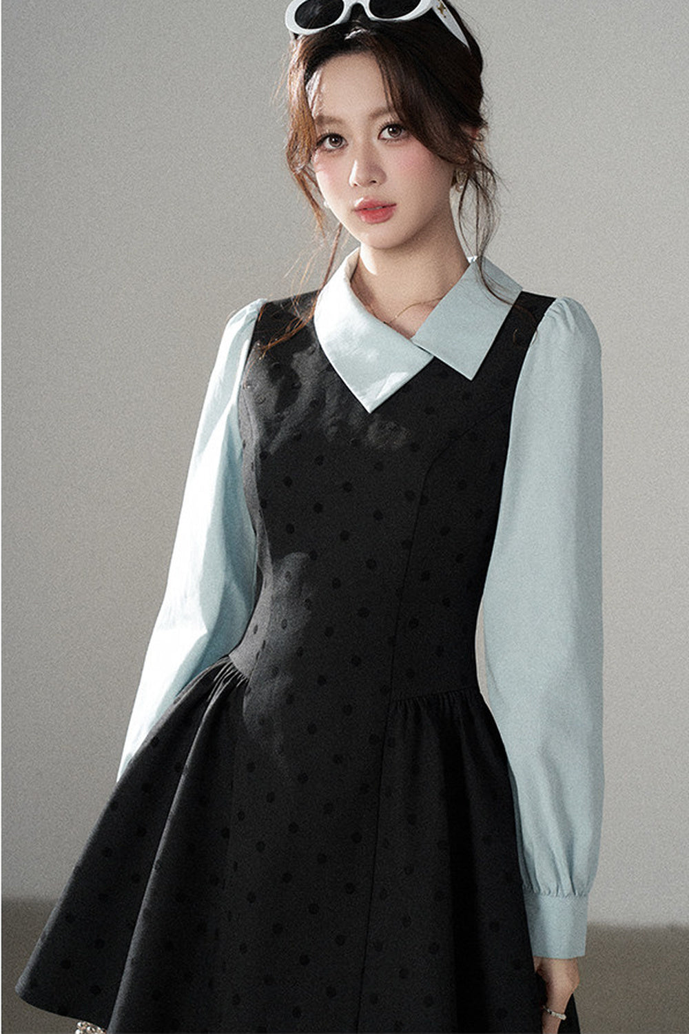 Black Polka Dot Asymmetrical Collar Dress