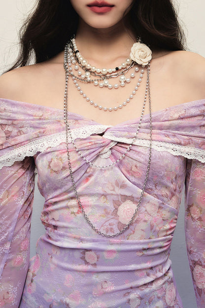 Choker a catena multistrato con fiore e perla rimovibili