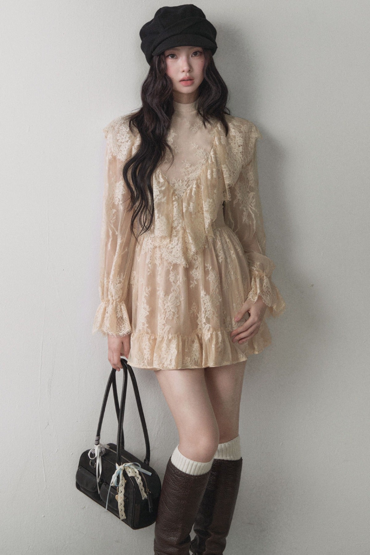Beige Lace Ruffle Long-Sleeve Dress