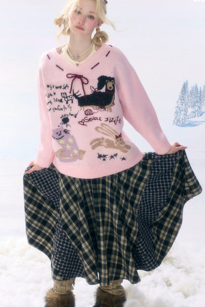 Pink Cartoon Print V-Neck Sweater