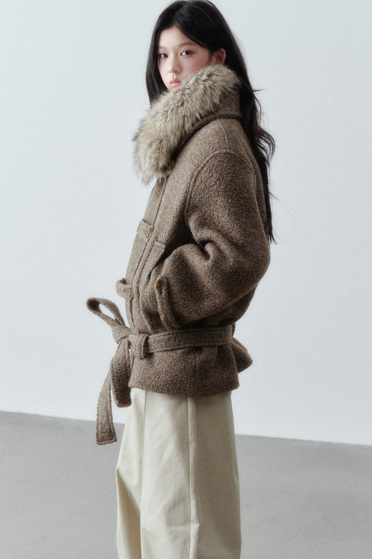Napoleon Buckle Wool Fur Collar Jacket
