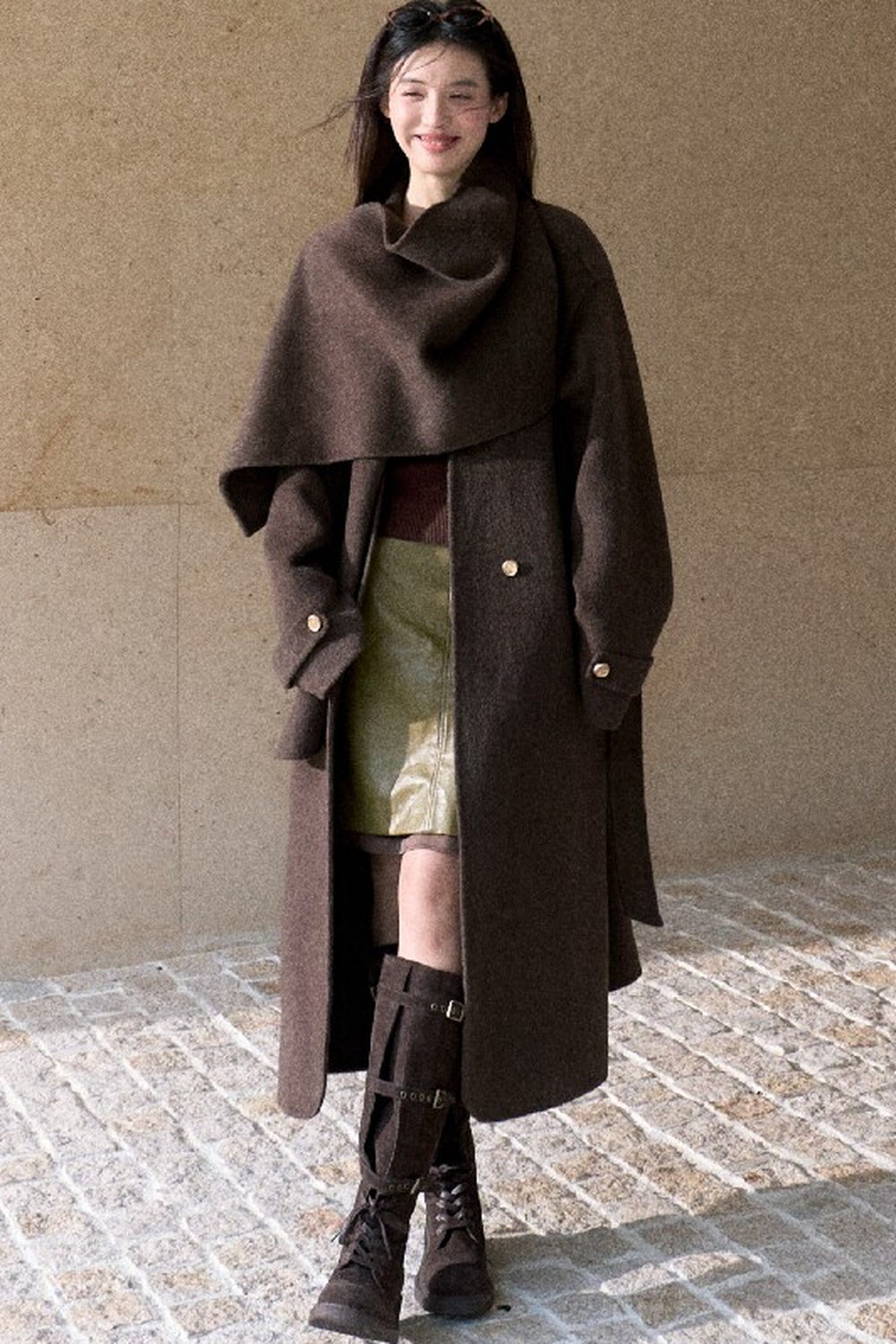 Double-Sided Wool Scarf Collar Coat