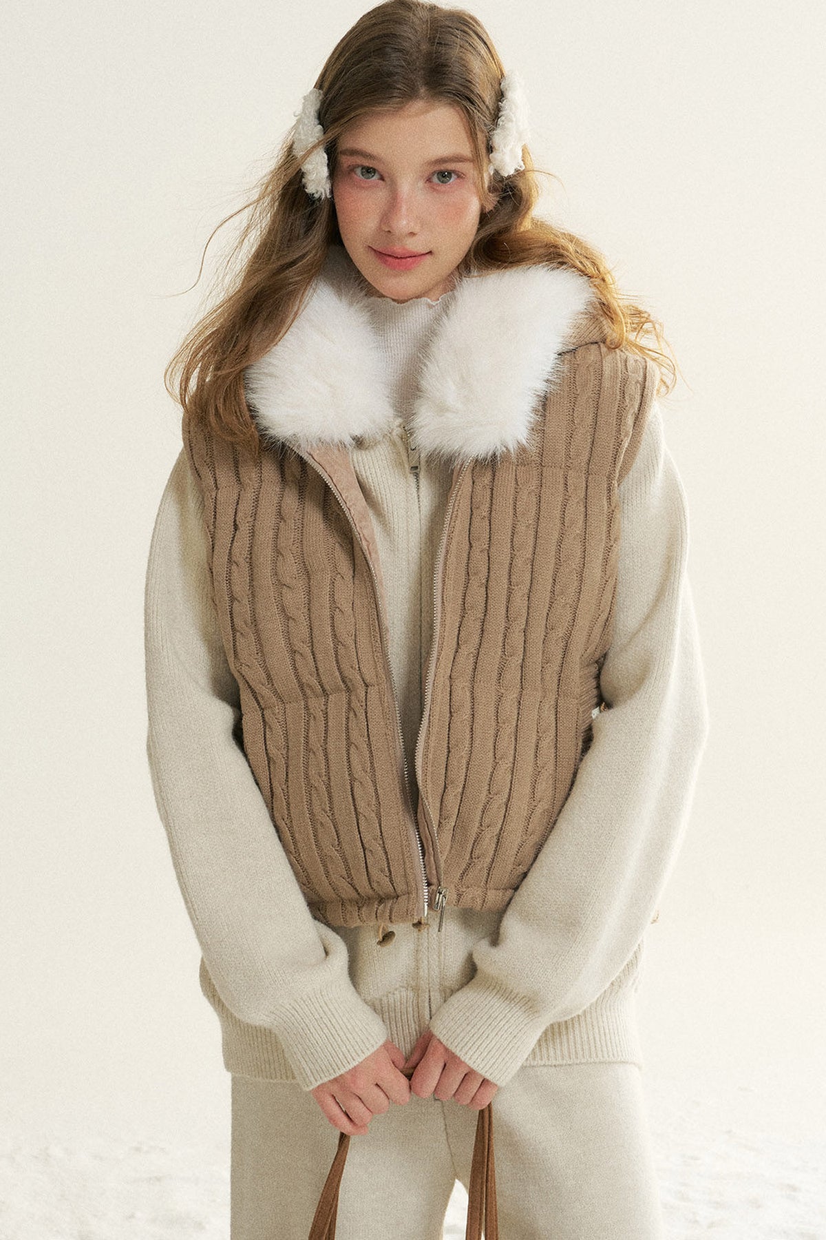 Detachable Fur Collar Hooded Jacket and Wide-Leg Pants Set-Up