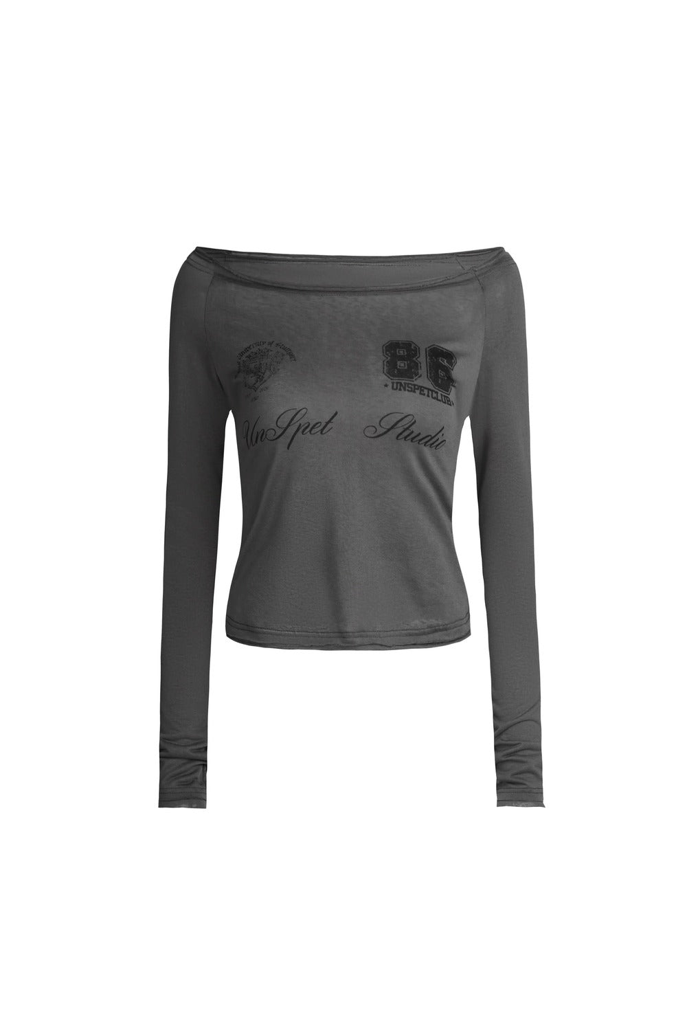 Gray Graphic Off-Shoulder Long Sleeve Top