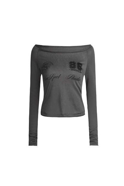 Gray Graphic Off-Shoulder Long Sleeve Top