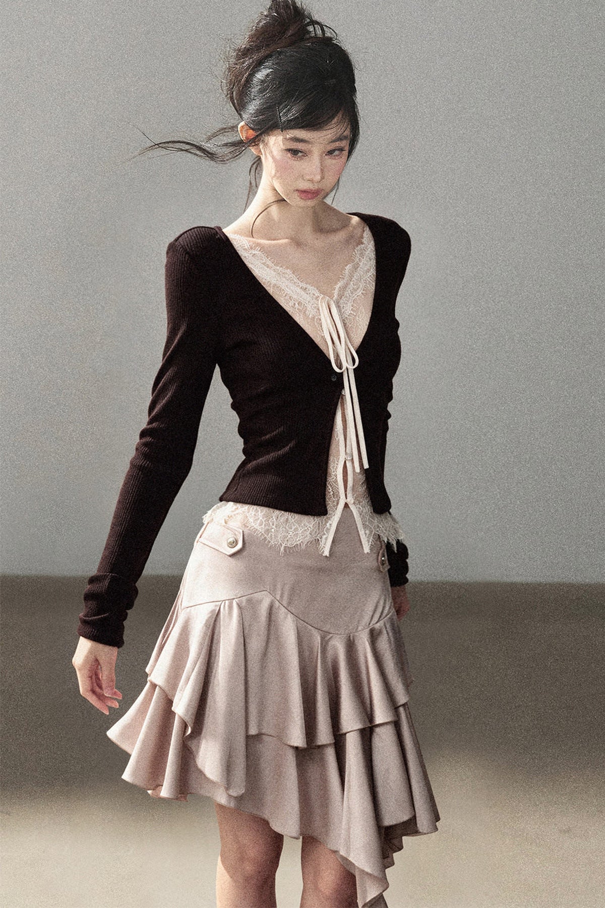 Layered-Look Lace Knit Top