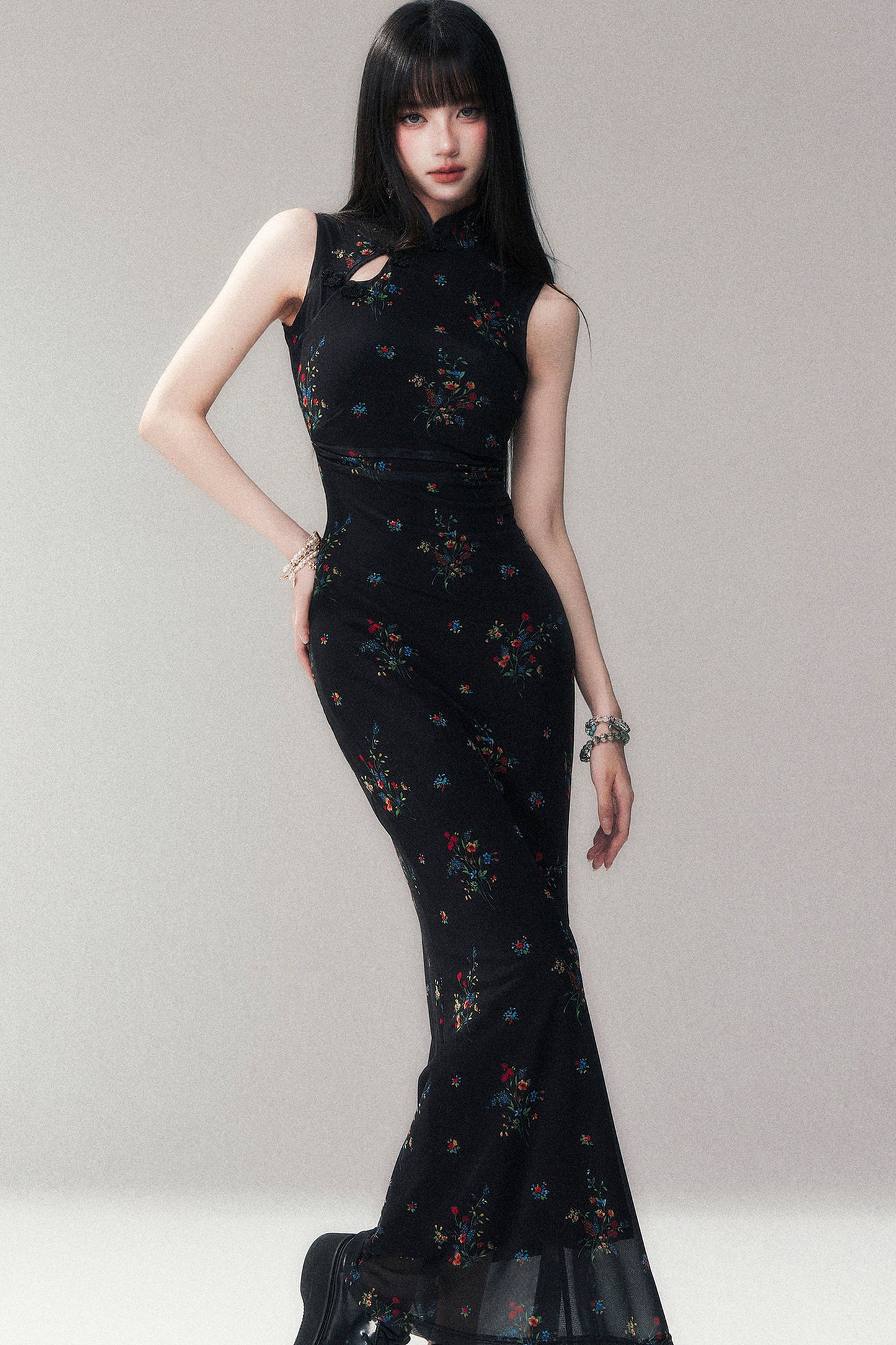 Floral Mesh Cheongsam Long Dress