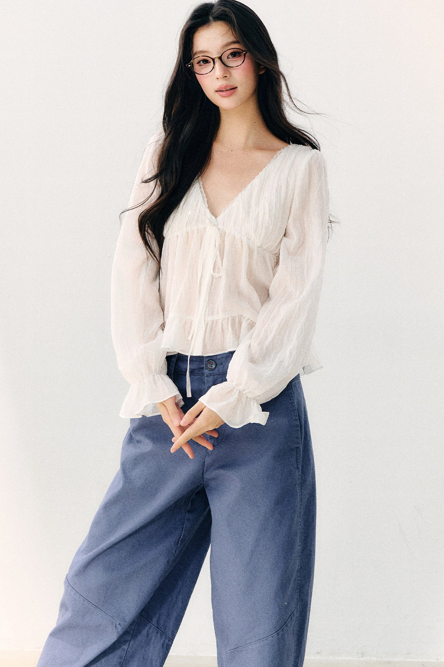 Tie Neck V-Neck Long Sleeve Ruffle Chiffon Blouse