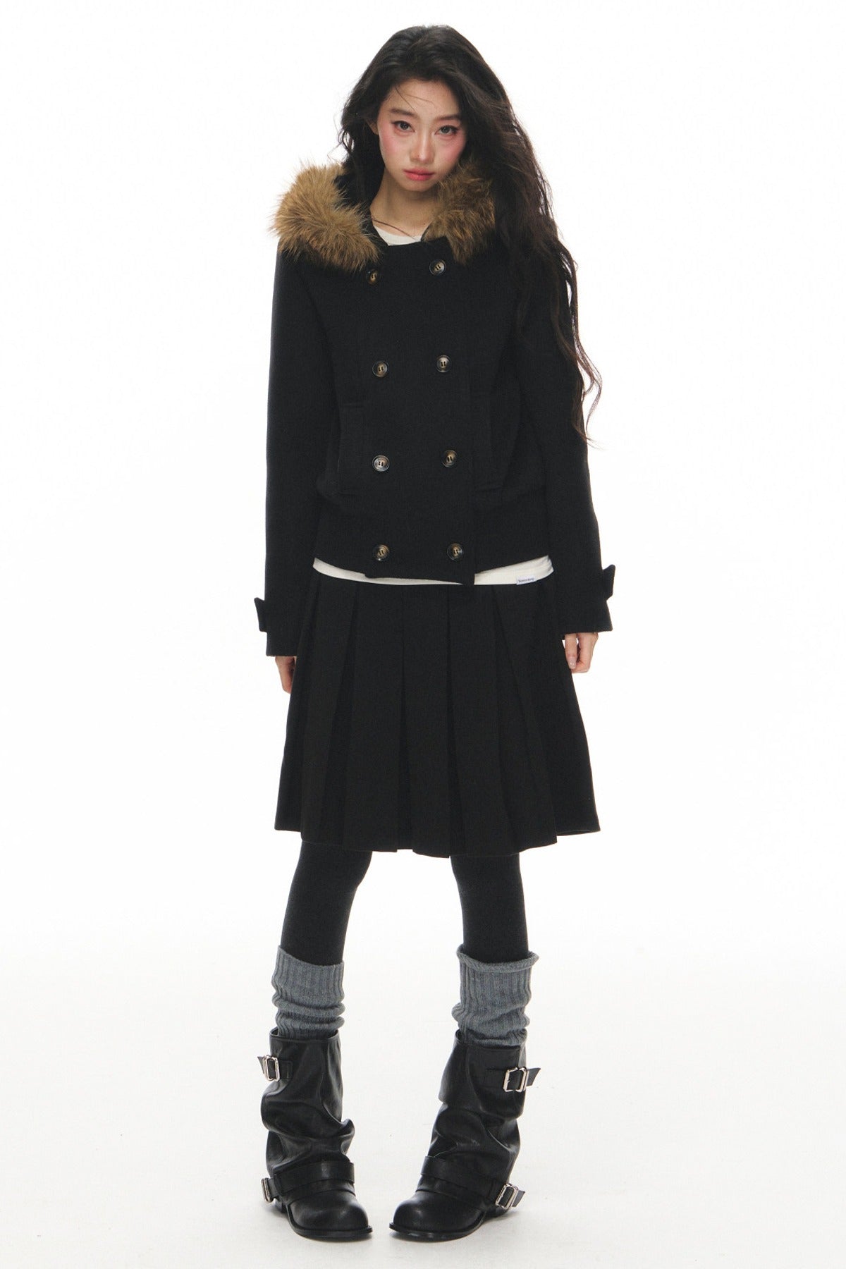 Wool Double-Breasted Fur Collar Coat Set-Up