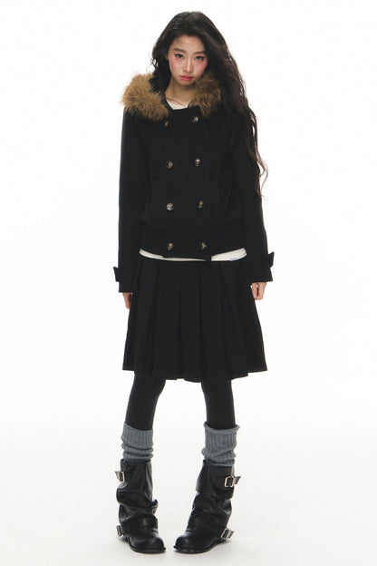 Wool Double-Breasted Fur Collar Coat Set-Up