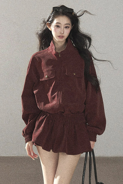 Burgundy Jacket And Shorts Set-Up