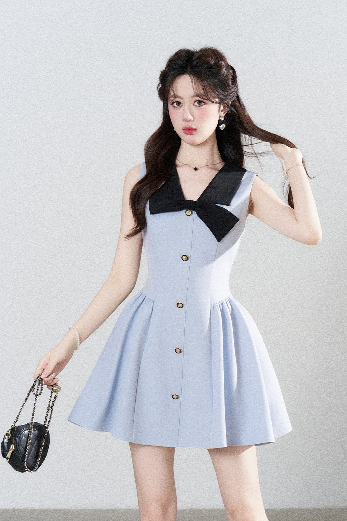 Blue Sleeveless Collar Bow Dress