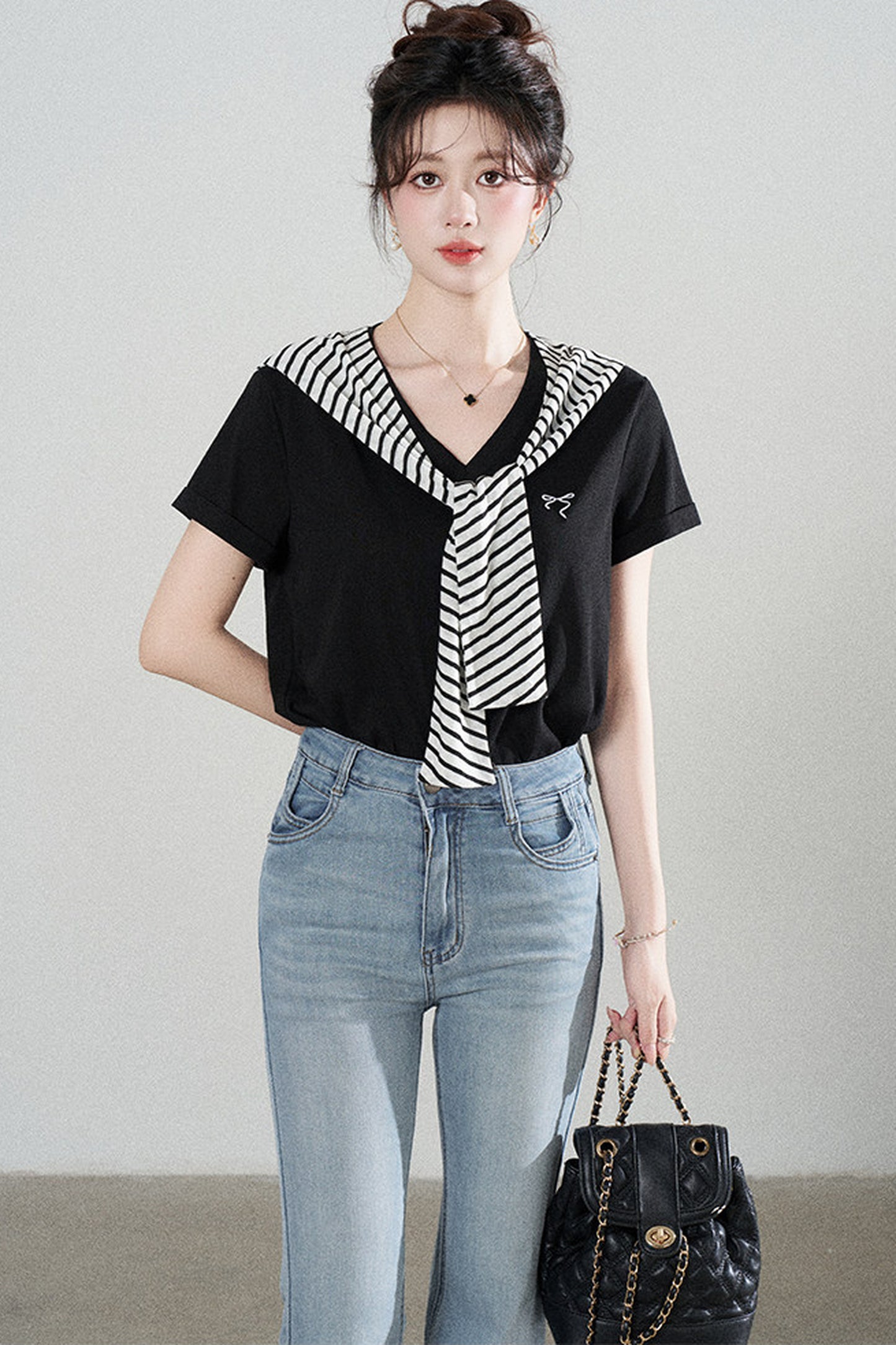 Loose Short-Sleeved Striped Shawl T-Shirt and Denim Skirt Set-Up